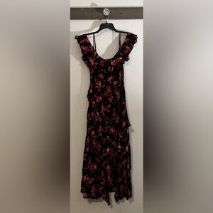 A New Day Cold Shoulder Midi Dress Black/Red Floral Ruffle XL NWT
